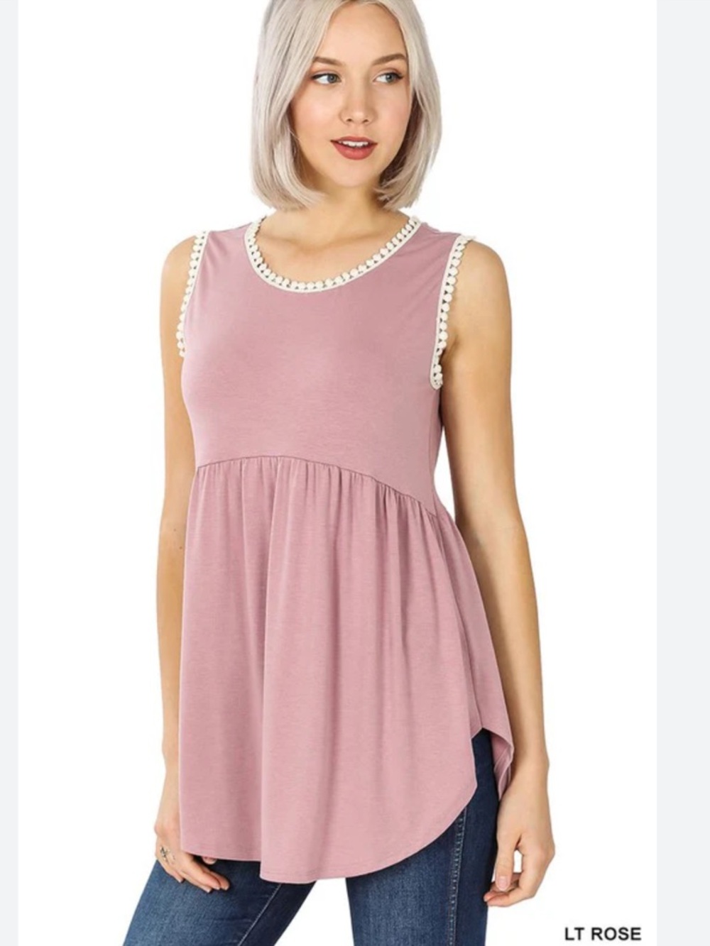 Zenana Outfitters Sleeveless Tank Top in Light Rose with Trim